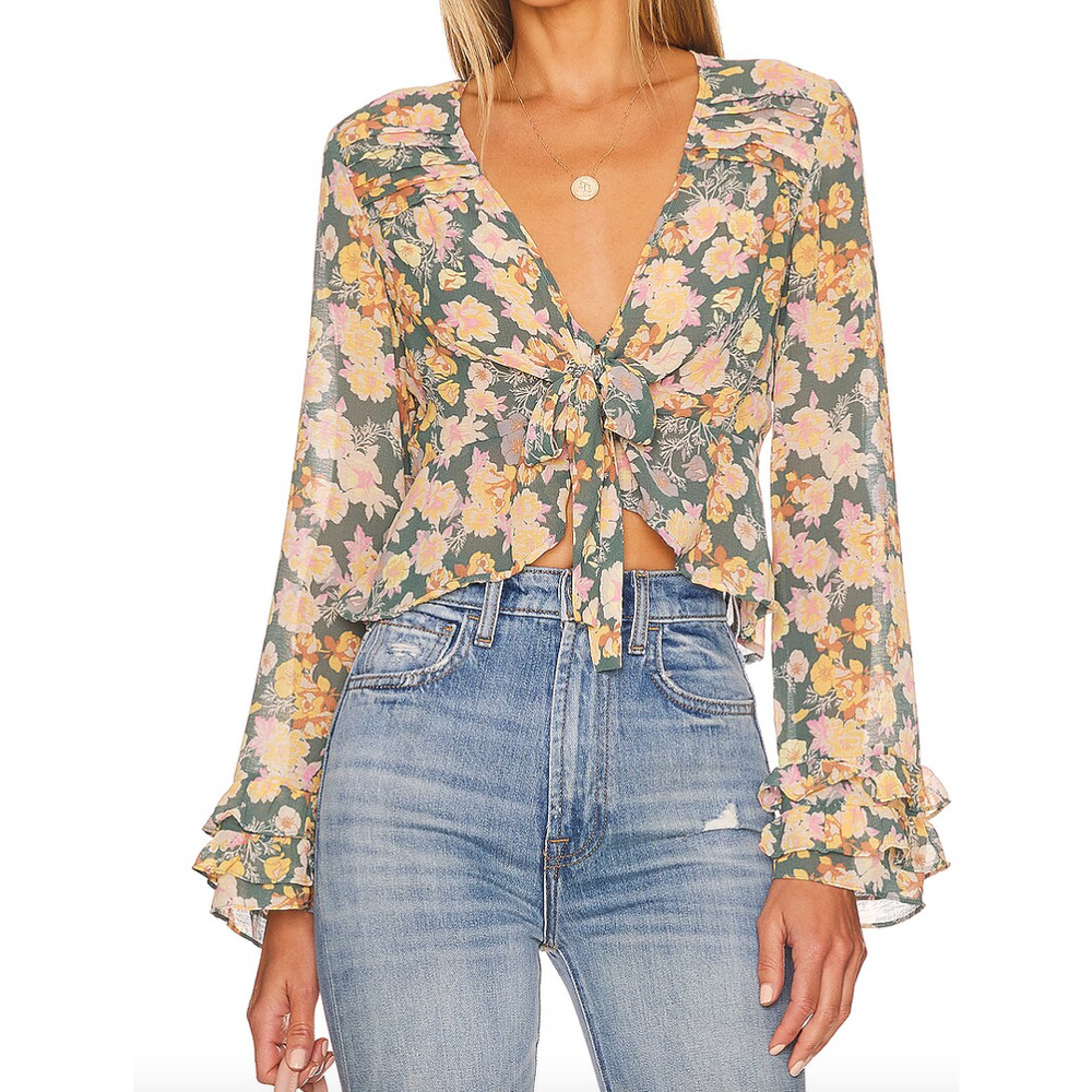 Free People Maybel Floral Tie Front Long Sleeve Ruffle Blouse Small NWT Boho